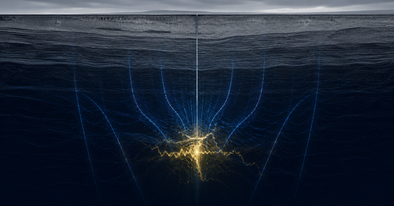 Critical mineral subsurface mapping platform rendering a deep subsurface anomaly picture beneath a drill target, before the rig mobilizes.
