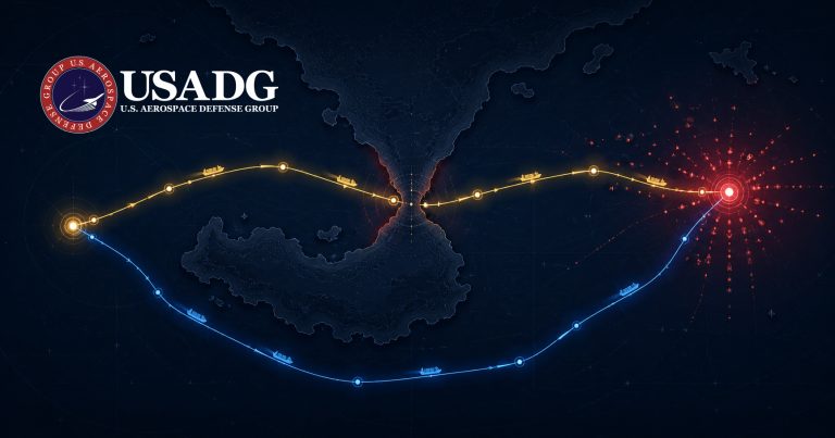 Real-time maritime supply chain risk intelligence — shipping routes diverging around a half-open chokepoint, with the optimized route highlighted and port congestion flagged ahead.