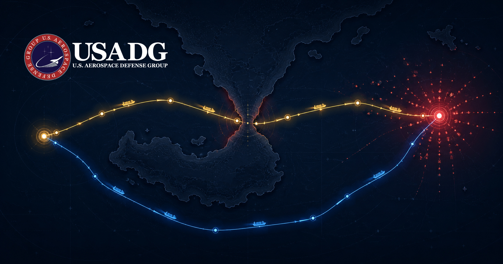 Real-time maritime supply chain risk intelligence — shipping routes diverging around a half-open chokepoint, with the optimized route highlighted and port congestion flagged ahead.