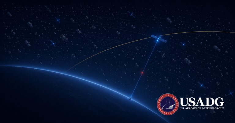 Satellite operational risk assessment platform — orbital congestion with active satellites highlighted against surrounding debris, and a vulnerable command link running down to a ground station.