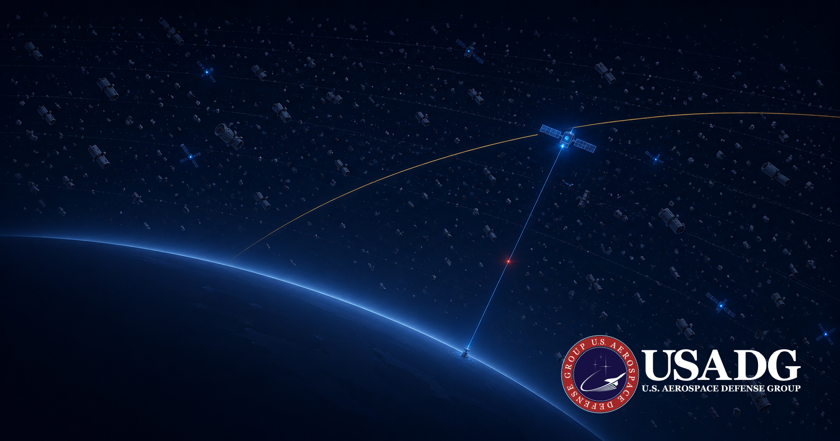 Satellite operational risk assessment platform — orbital congestion with active satellites highlighted against surrounding debris, and a vulnerable command link running down to a ground station.