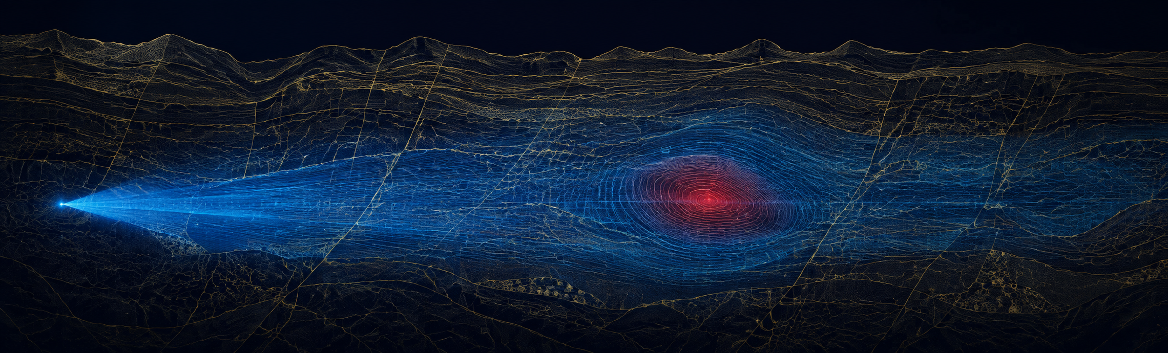 Rare earth deposit mapping platform resolving a faint subsurface anomaly from surrounding geology at depth.