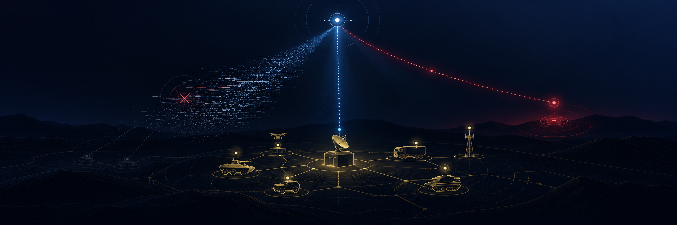Diagram of a ground operation dependent on a satellite signal that splits into a jammed path and a false spoofed path, illustrating GPS-denied operational risk.